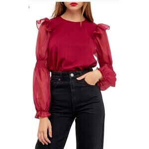 Anthropologie English Factory Ruffle Sleeve Blouse XS Sheer Sleeve Red Top